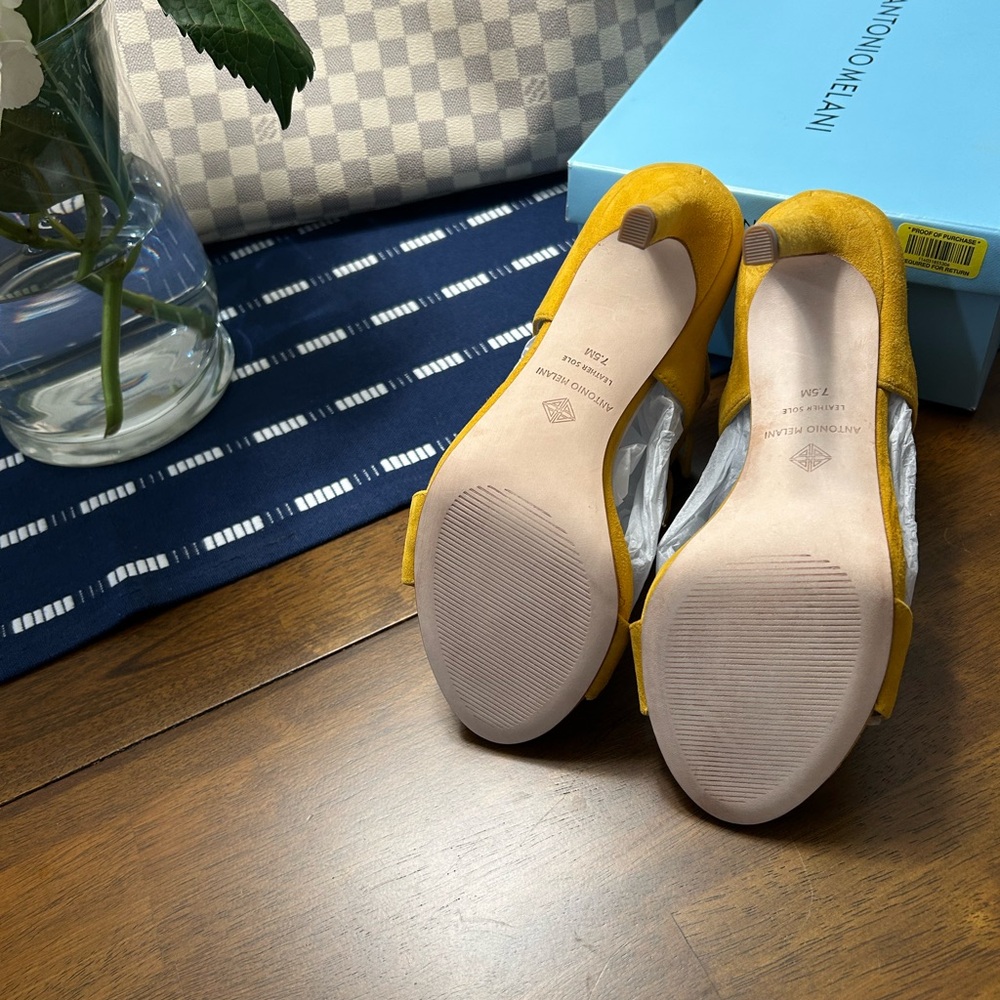 Antonio Melani Sunlight Yellow Heeled Sandals in suede, leather soles. - Picture 2 of 5